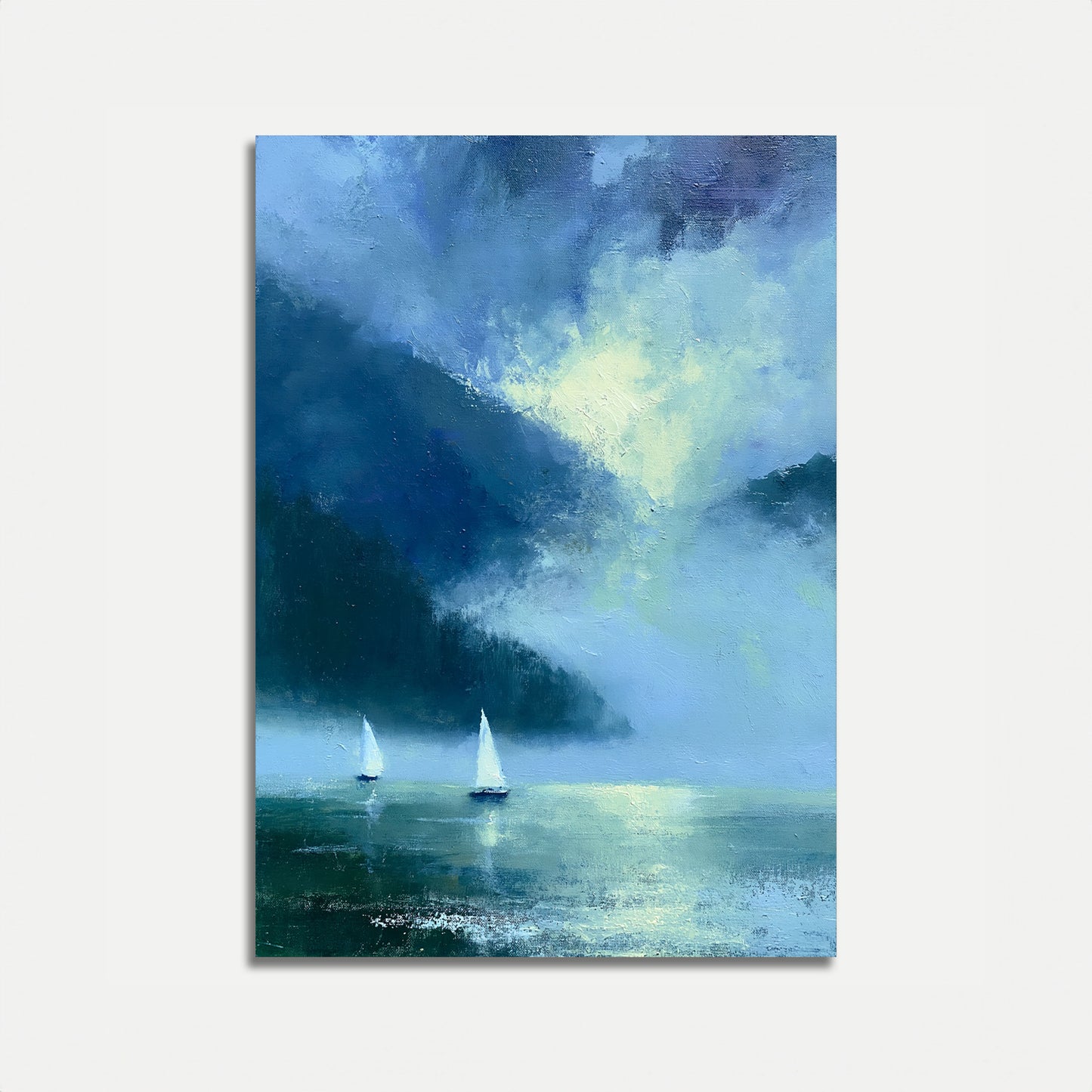 Sailboats in Misty Mountains Poster