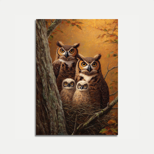 Affiche Famille de Hiboux en Forêt d'Automne
