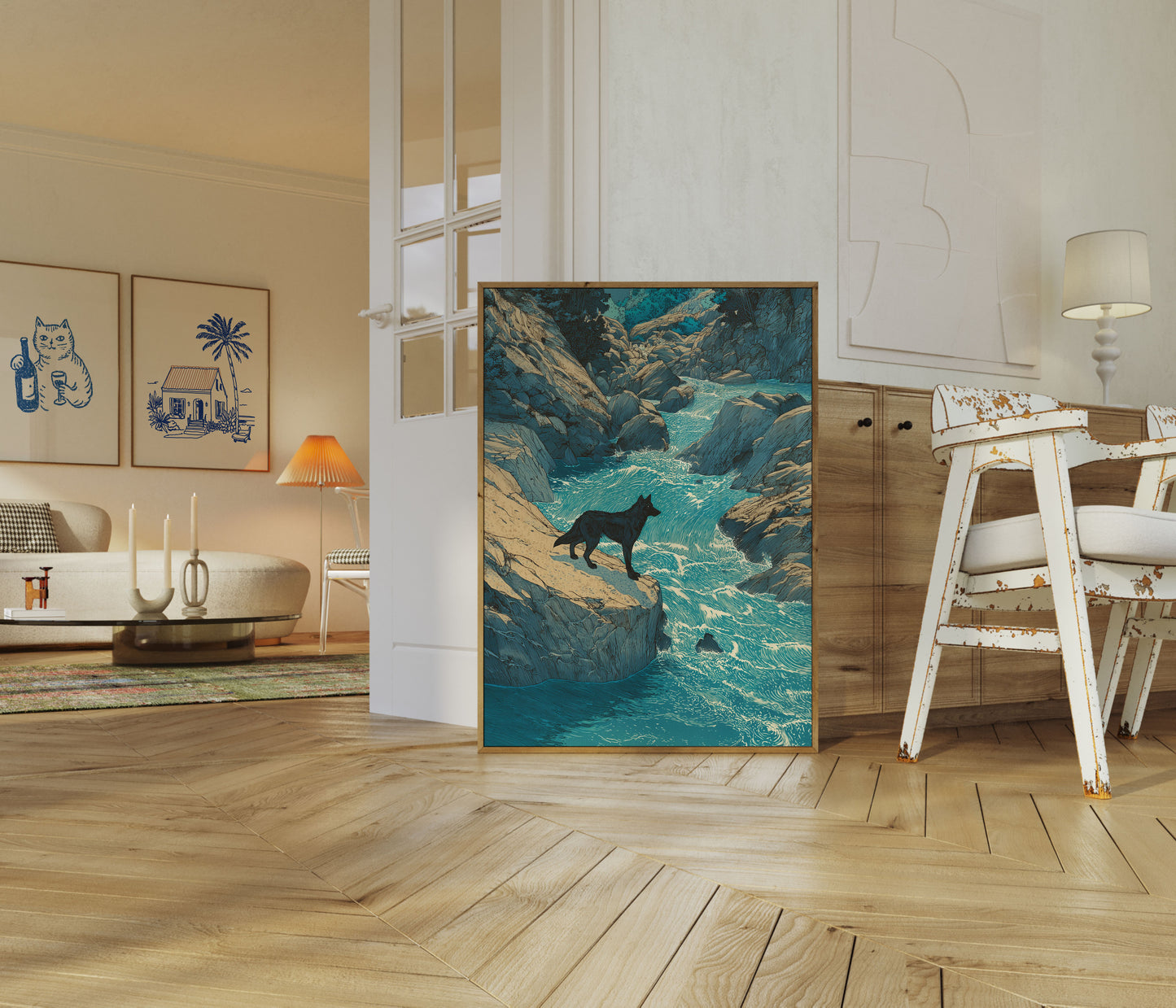 Wolf by Rocky Coastal Stream Poster