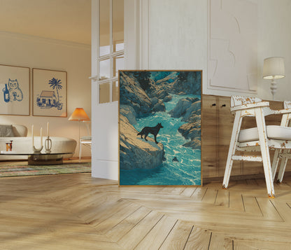 Wolf by Rocky Coastal Stream Poster