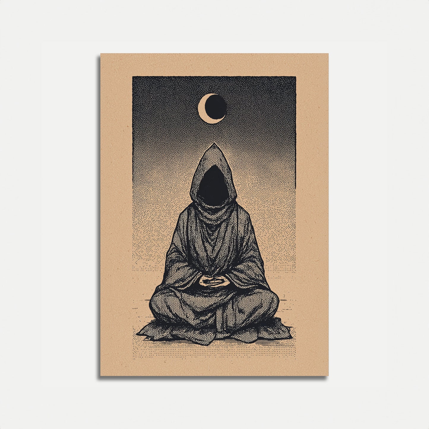Hooded Monk Meditating Under Moon Poster