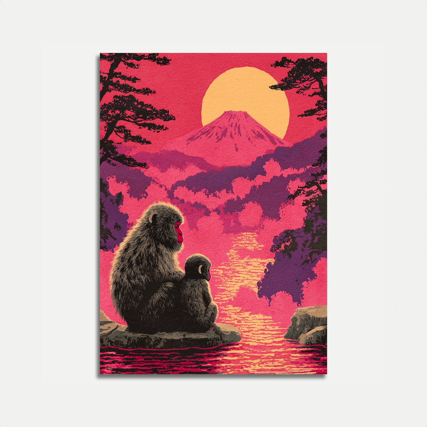 Affiche Coucher de Soleil Singe et Mont Fuji