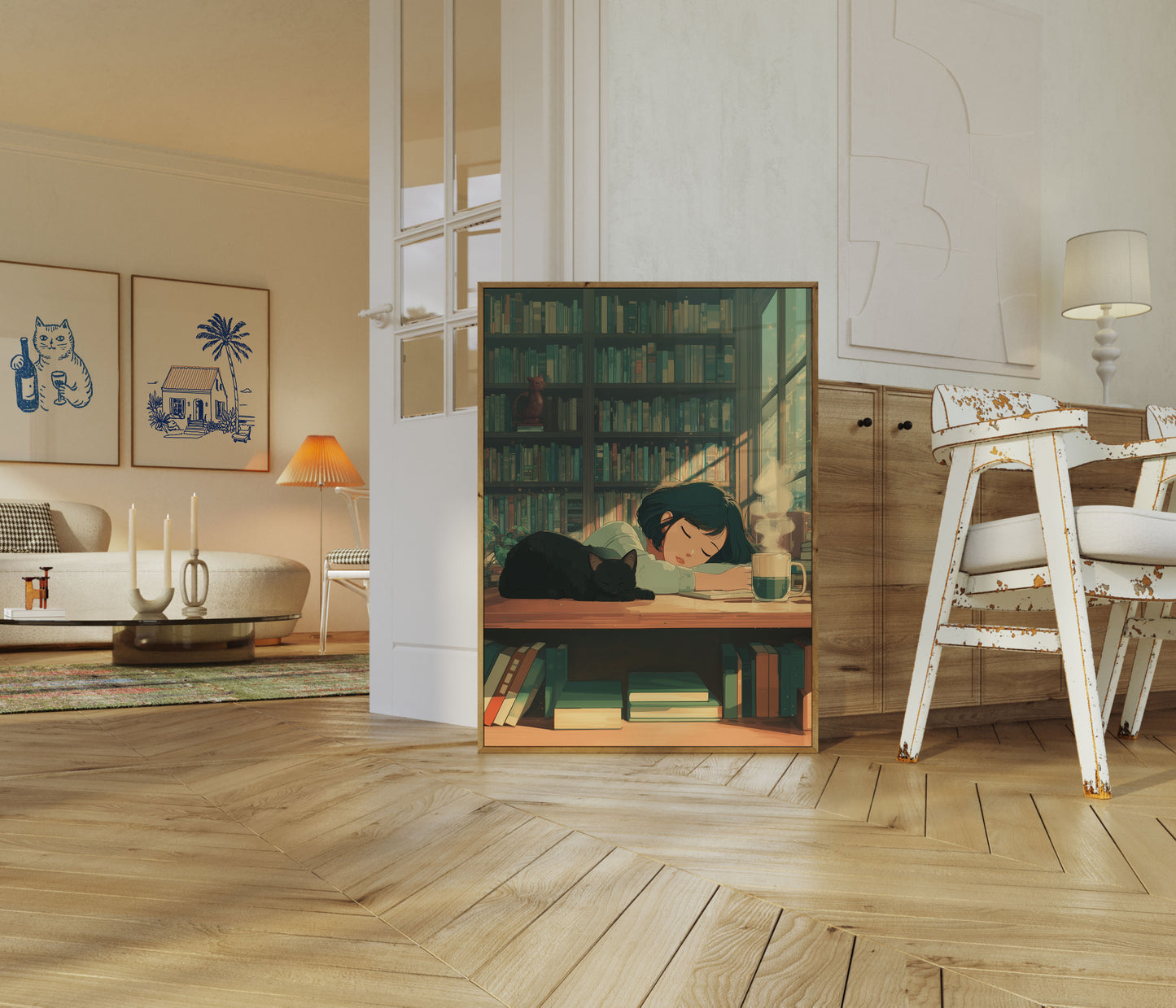 Cozy Library Cat Reading Moment Poster