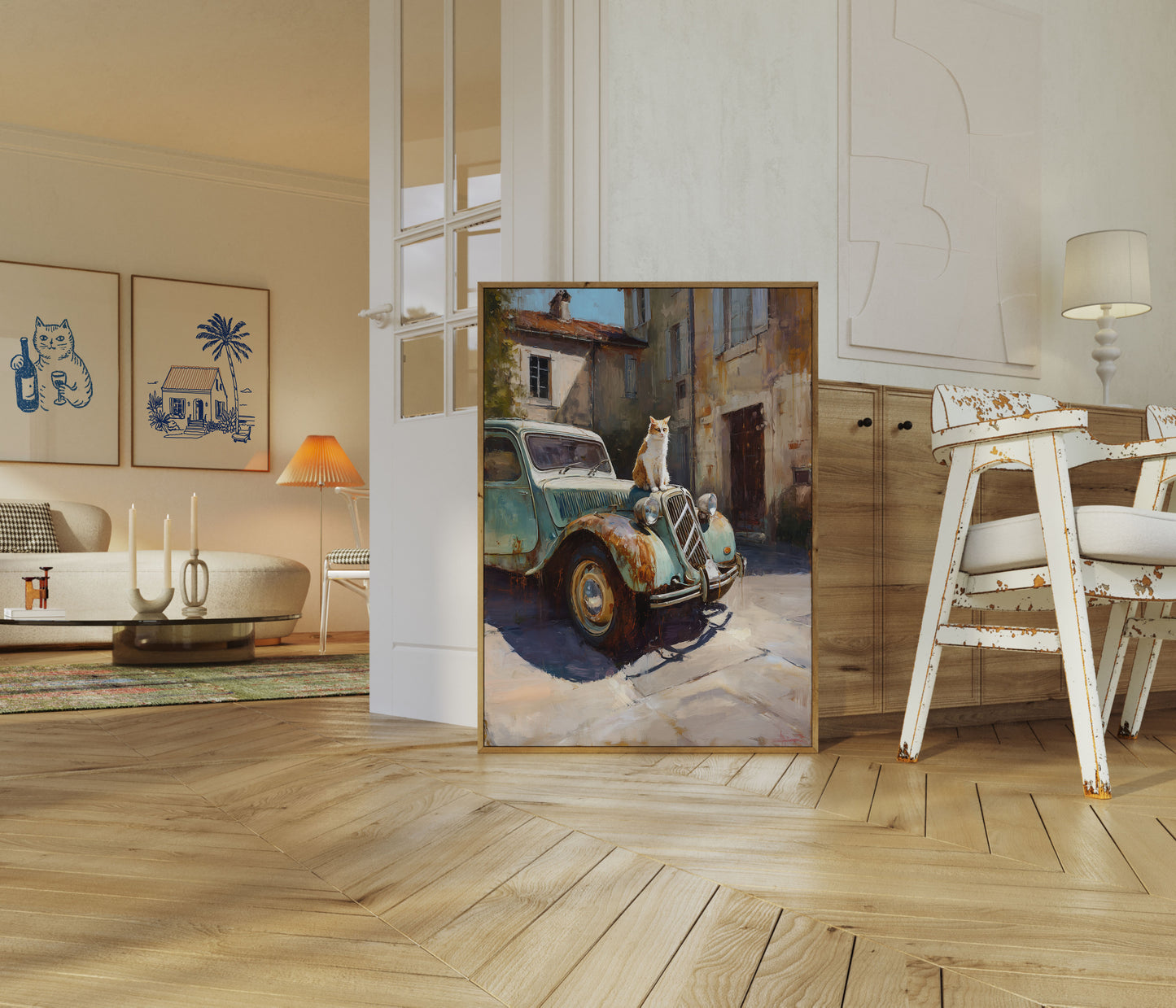 Cat on Vintage Car Poster