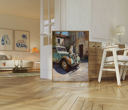 Cat on Vintage Car Poster