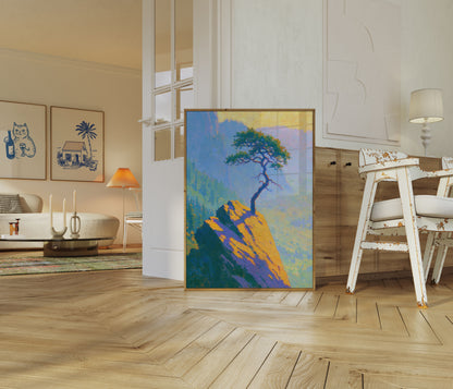 Affiche : Arbre solitaire sur pic montagneux