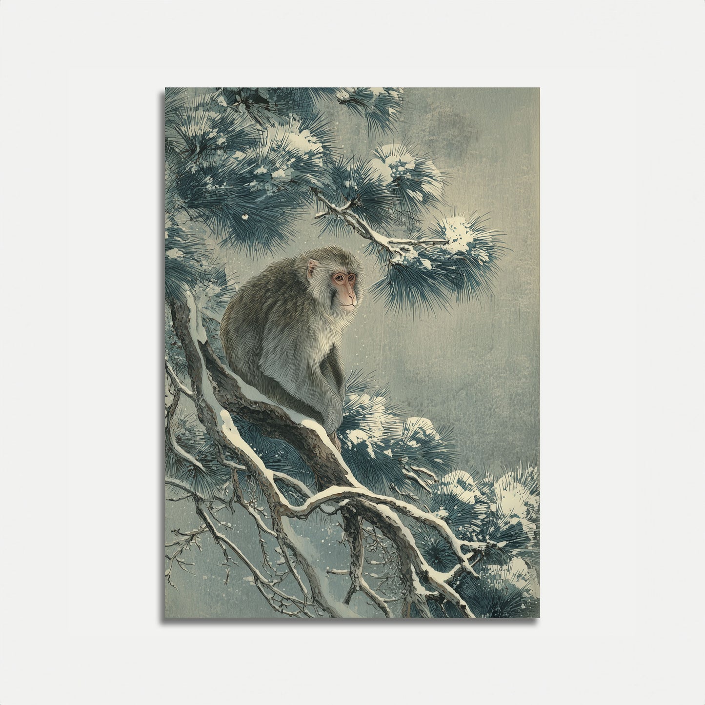Monkey in Snow Pine Poster