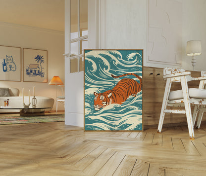 Tiger Swimming in Ocean Waves Poster