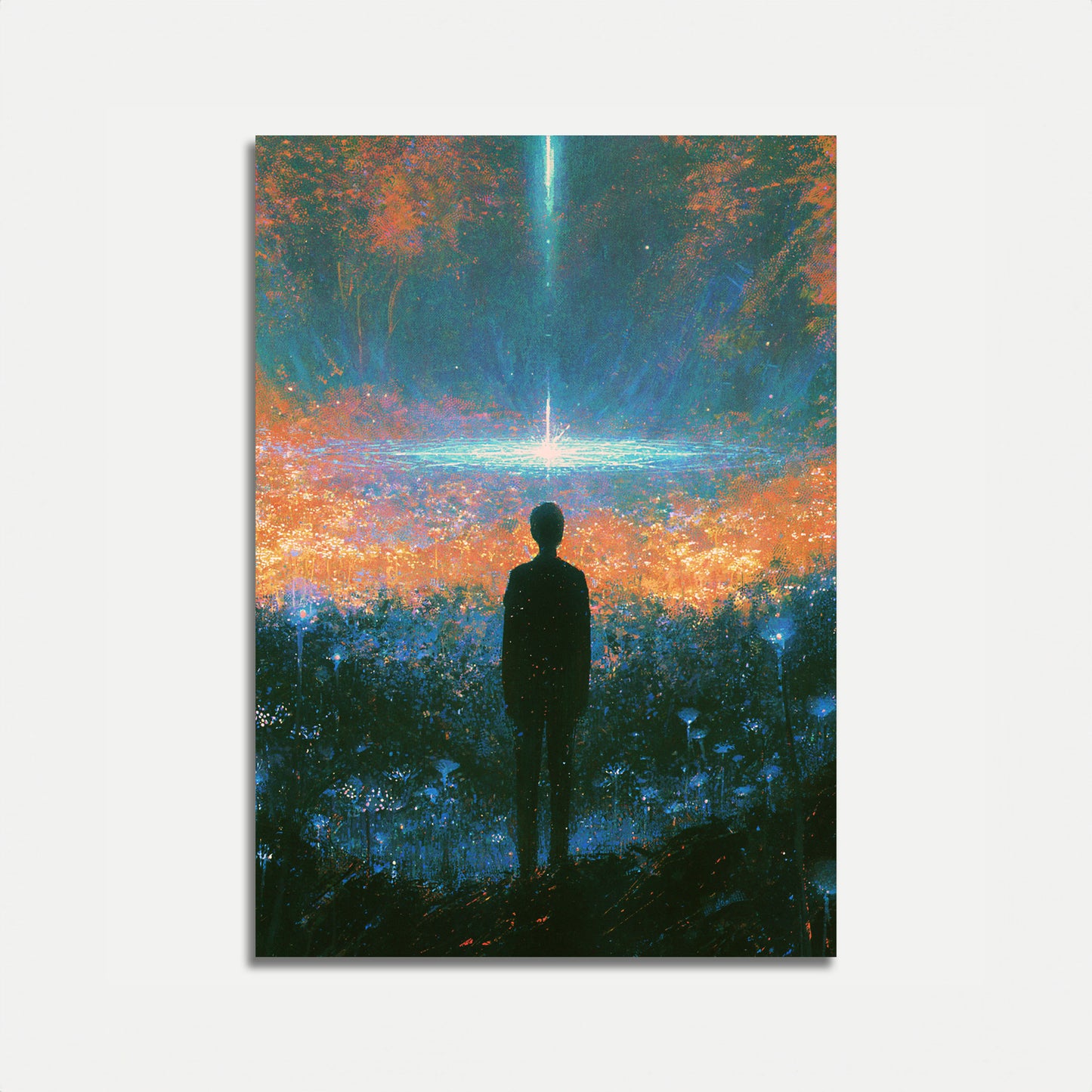 Poster: Figura solitaria nel bosco luminoso