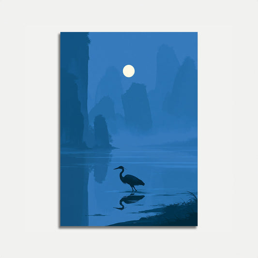 Heron in Moonlit Waters Poster