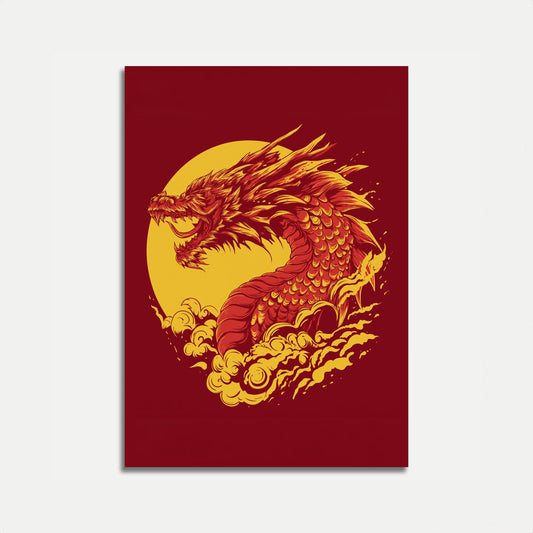 Póster del atardecer con fuego de dragón feroz