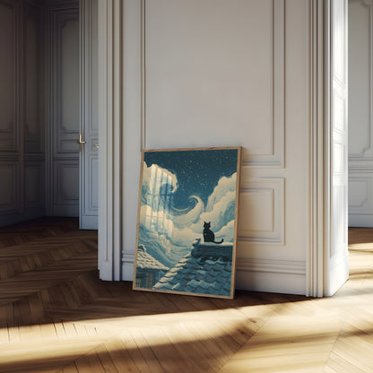 Affiche Chat Noir Sous des Nuages Étoilés