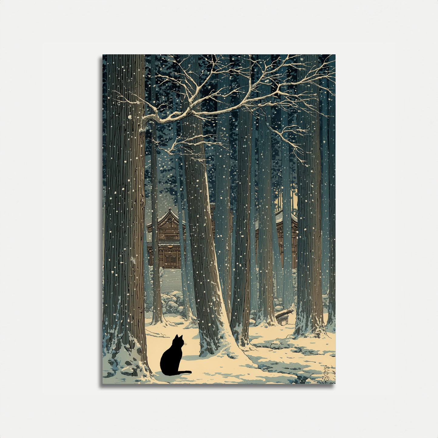 Schwarze Katze Winter Tempel Poster