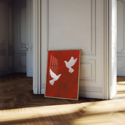 Colombes blanches sur affiche rouge