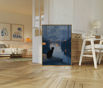 Cat Watching Harbor at Night Poster