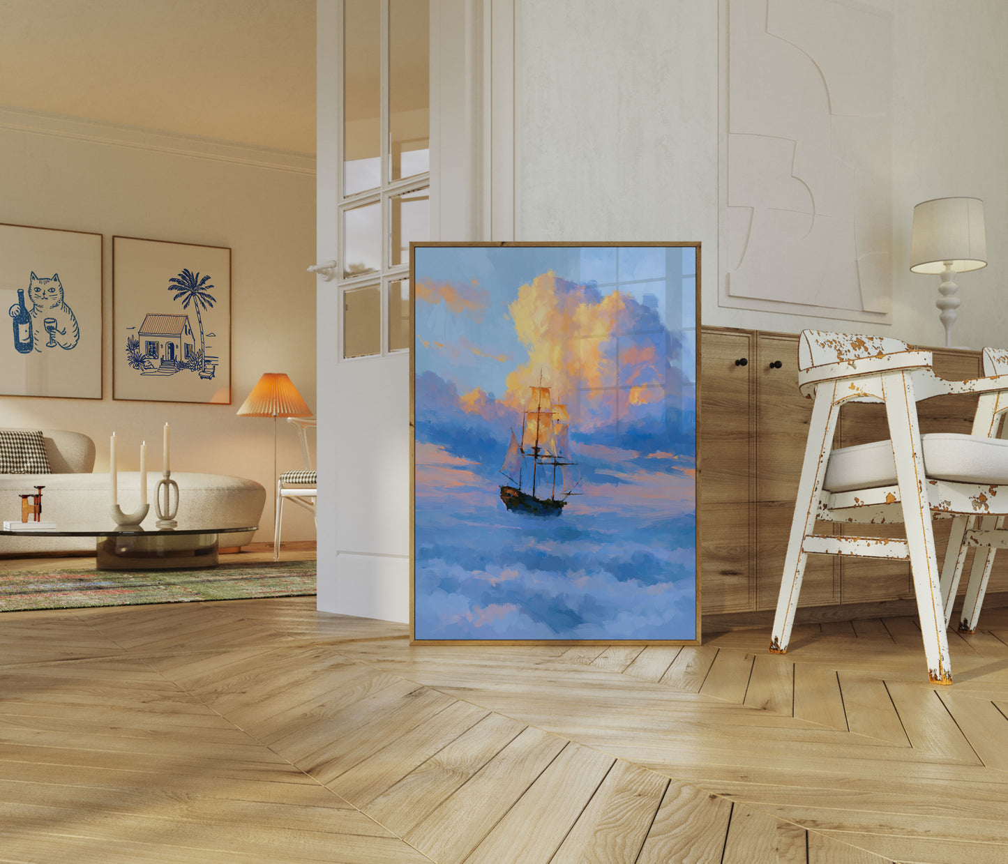 Segelschiff durch Wolken Poster