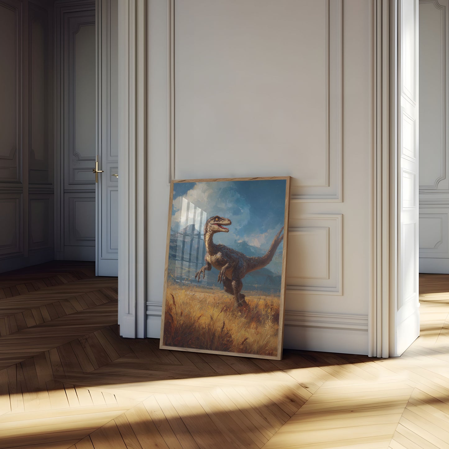 Velociraptor in Golden Grasslands Poster