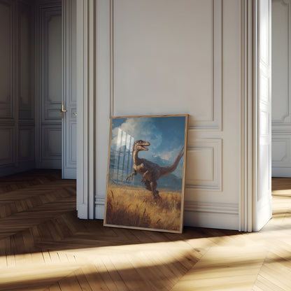 Velociraptor in Golden Grasslands Poster