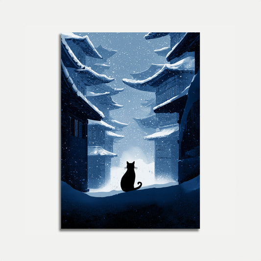 Cat in Snowy Asian Village Poster