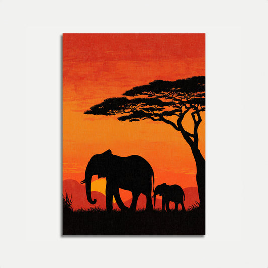 Plakat Rodzina Afrykańskich Słoni o Zachodzie Słońca