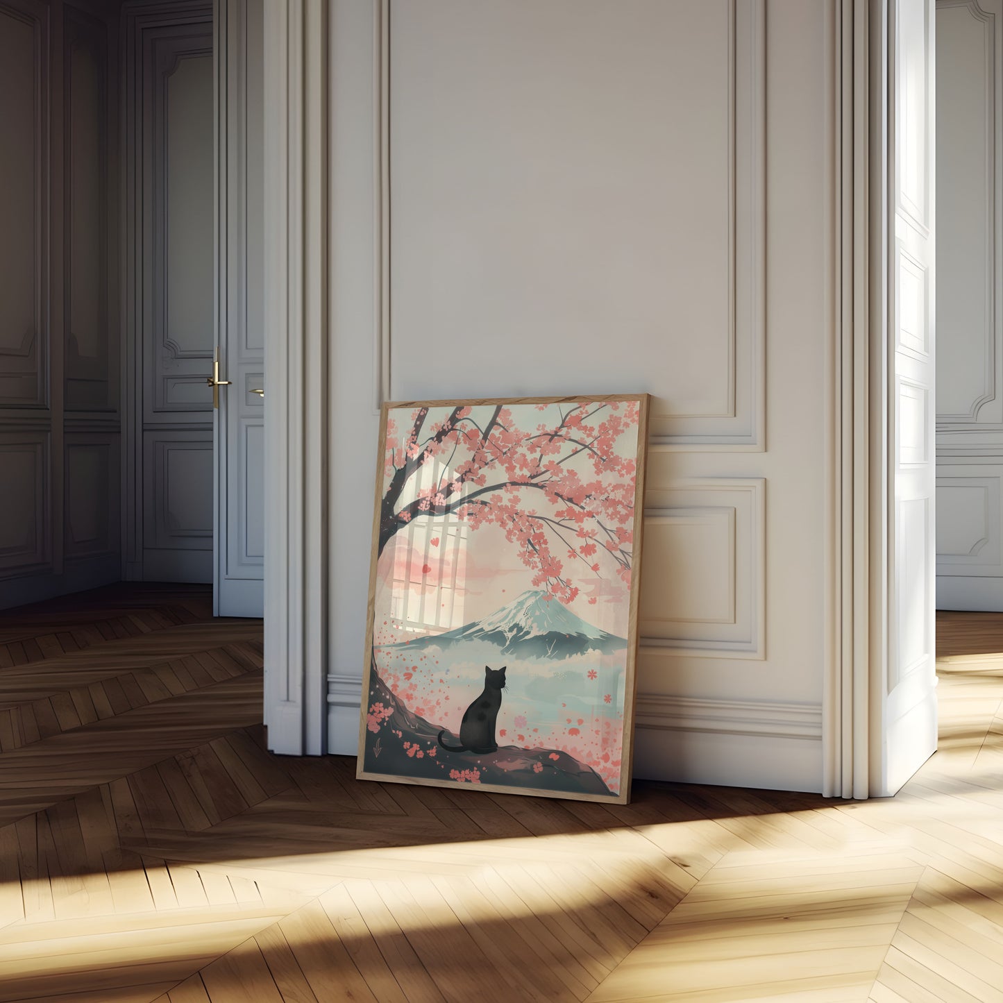 Póster del Monte Fuji con un gato sereno