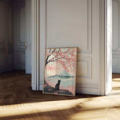 Póster del Monte Fuji con un gato sereno