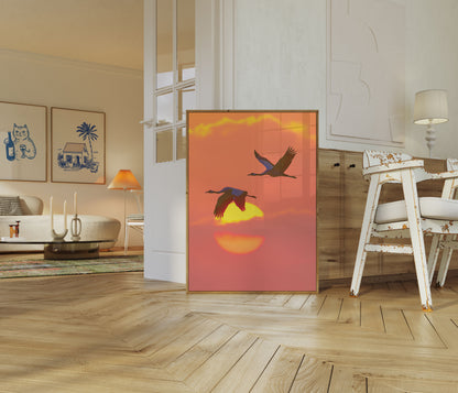 Cranes Flying at Sunset Poster