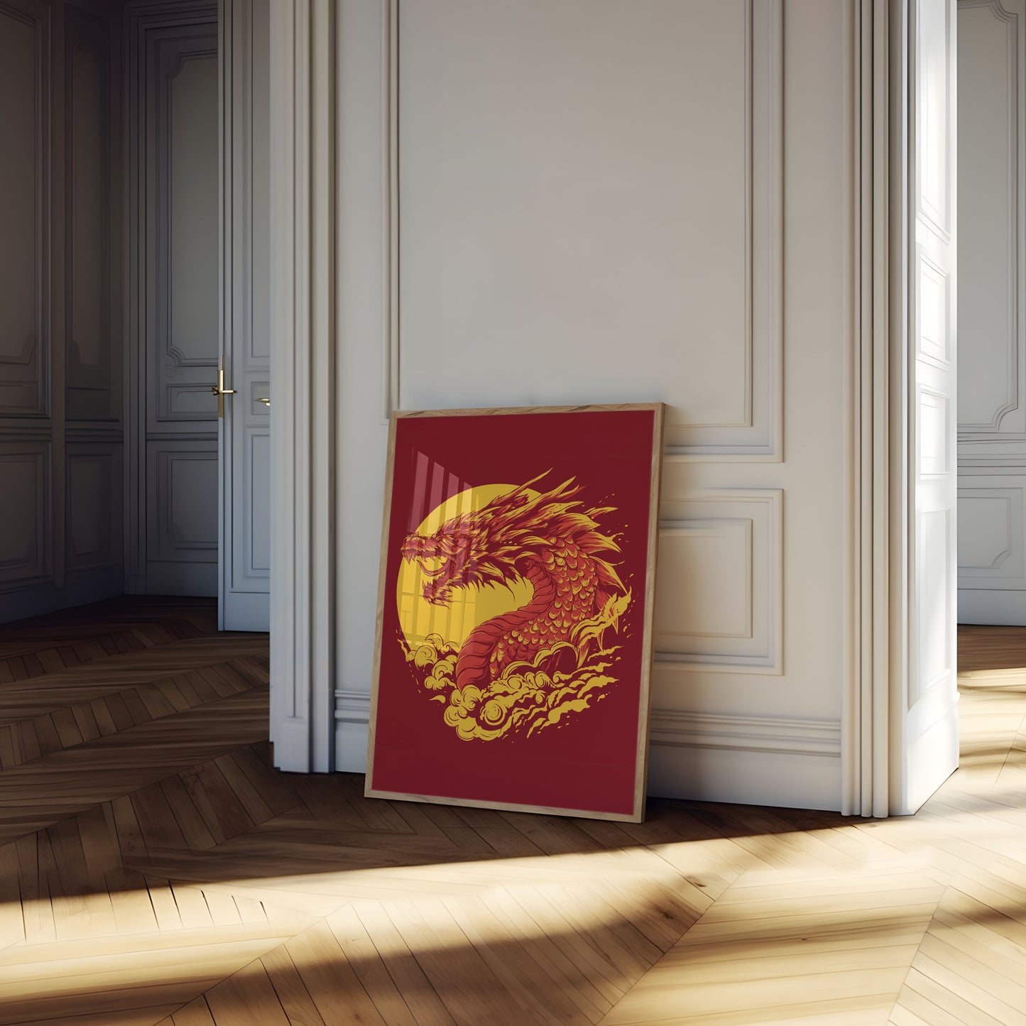 Póster del atardecer con fuego de dragón feroz