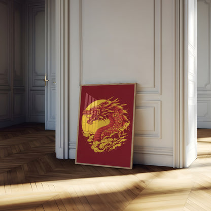 Póster del atardecer con fuego de dragón feroz