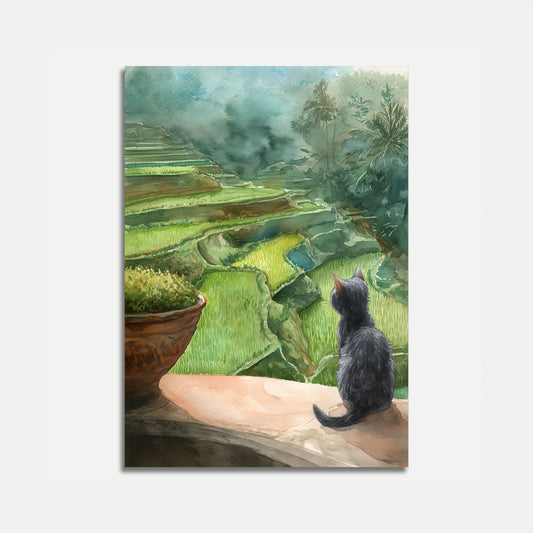 Black Cat Overlooking Rice Terraces Poster