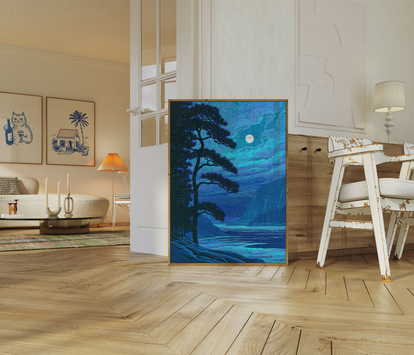 Maanverlichte Pijnboom Landschap Poster