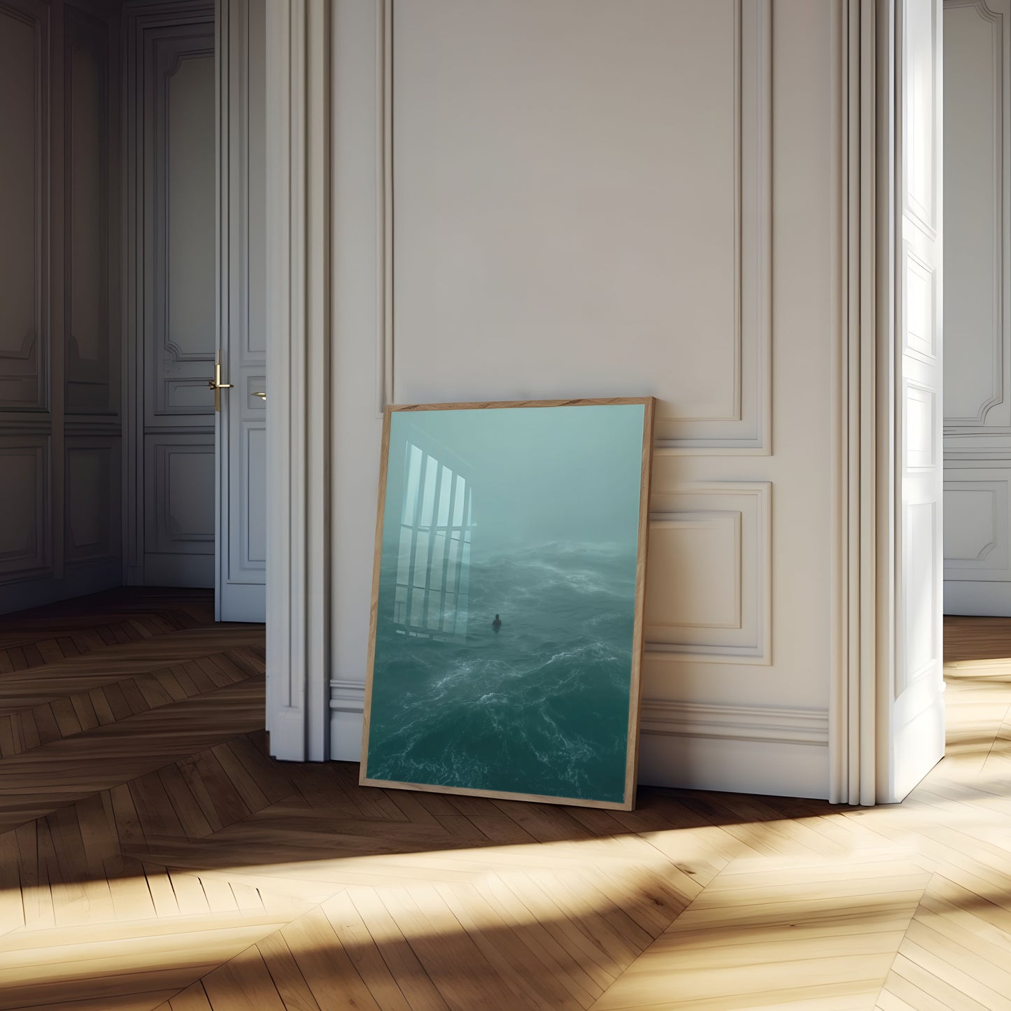 Póster de Surfista en Olas Oceánicas Nebulosas