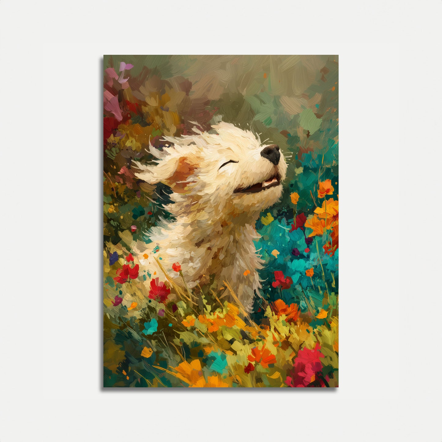 Pôster de Cão Feliz entre Flores Silvestres