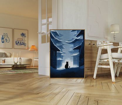 Kat i Snøfuld Asiatisk Landsby Plakat