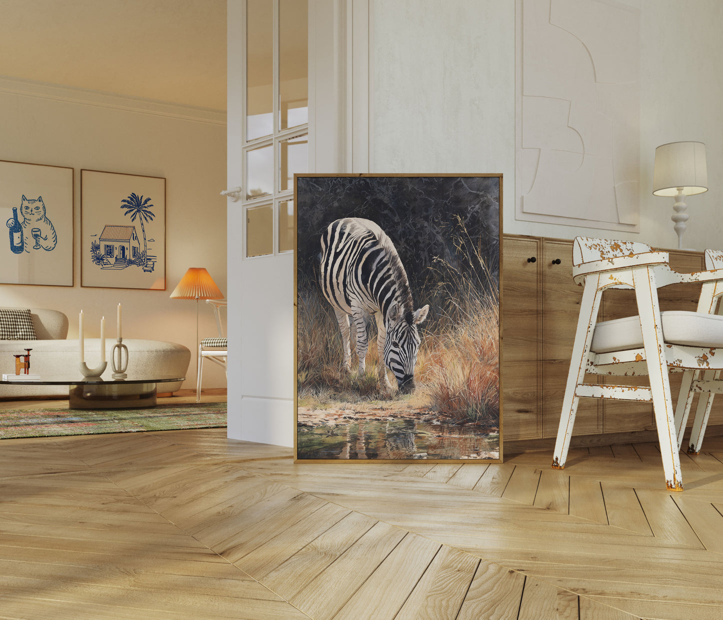 Póster de vida silvestre de cebra en un abrevadero