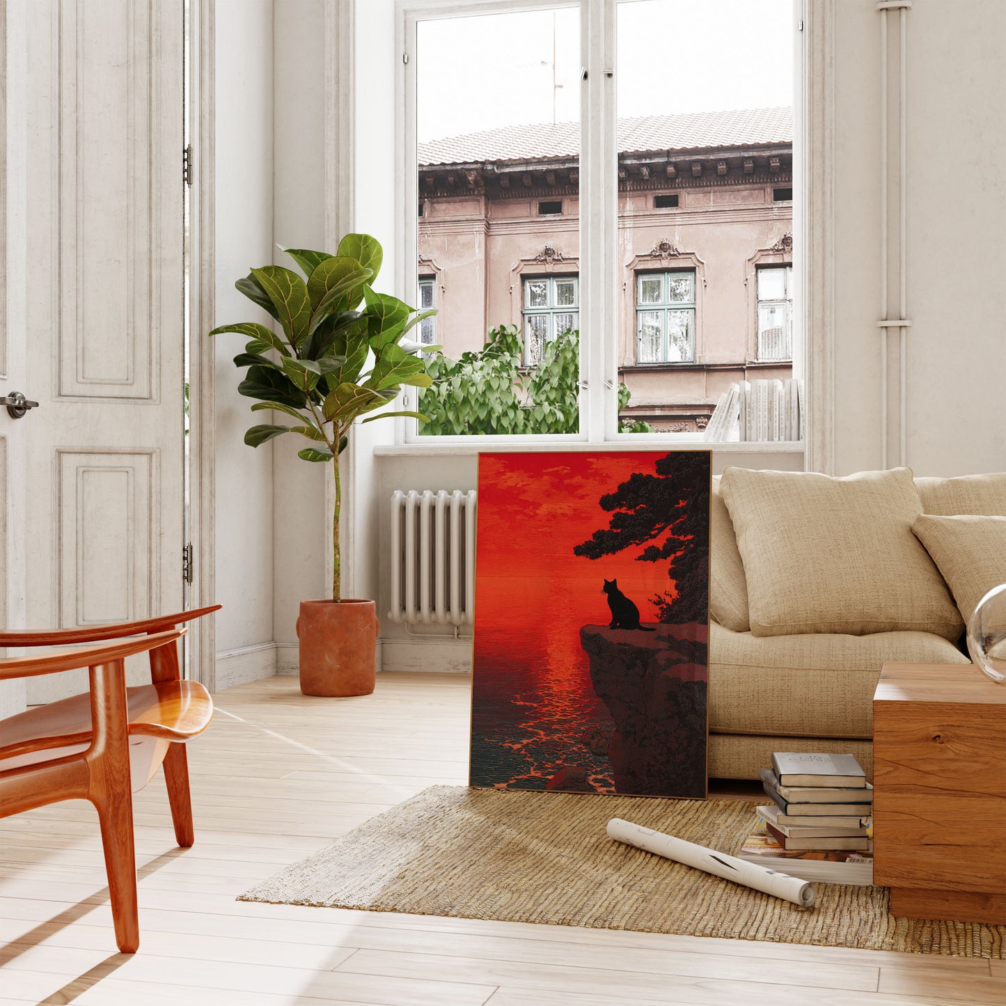 Silhouette Cat Sunset Cliffside Poster