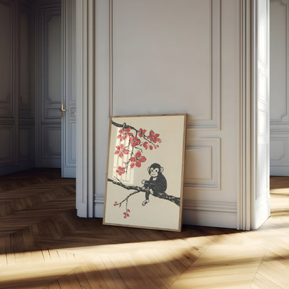 Playful Monkey in Blossom Tree Poster