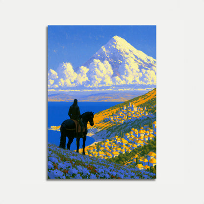 Póster Jinete de montaña contemplando valle