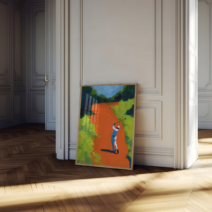 Poster con golfista che colpisce su campo vibrante
