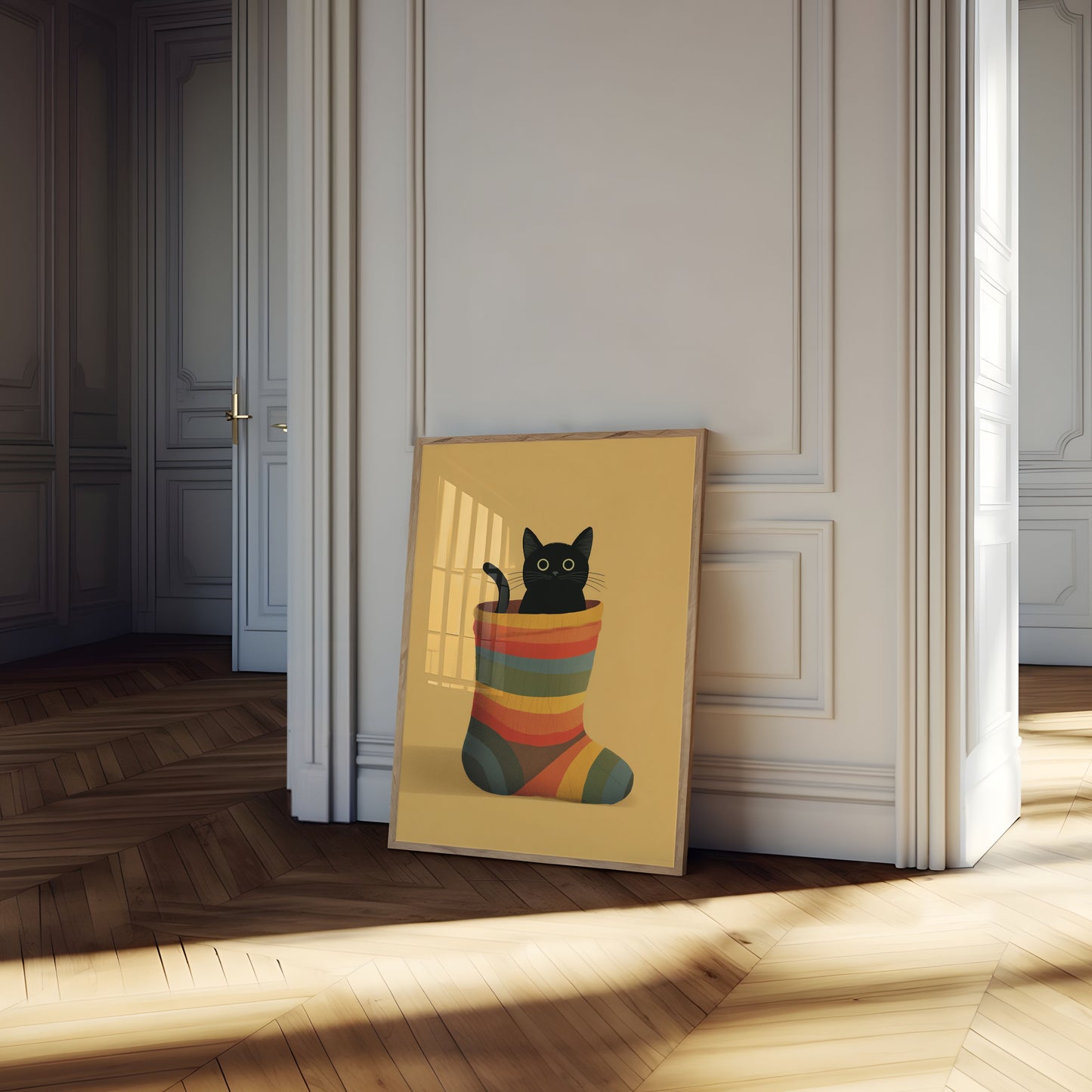 Schwarze Katze in gestreiftem Strumpf Poster