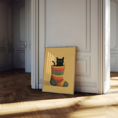 Schwarze Katze in gestreiftem Strumpf Poster
