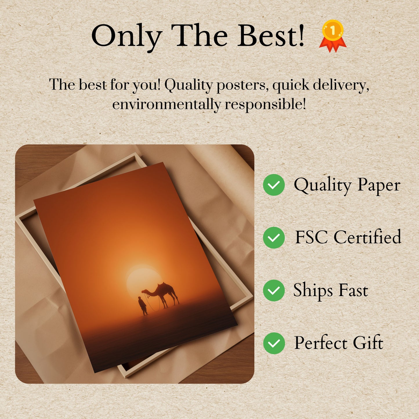 Plakát s siluetou velblouda při západu slunce v poušti