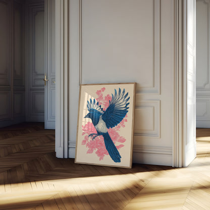 Blue Magpie Floral Flight Poster