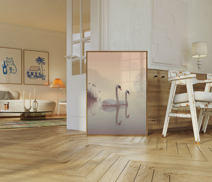 Swans in Misty Waters Poster