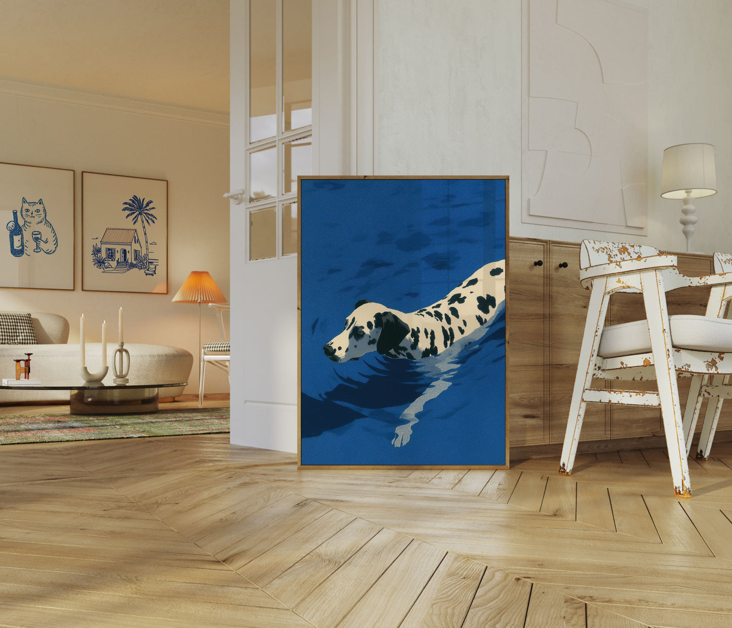 Póster azul de dálmata nadando