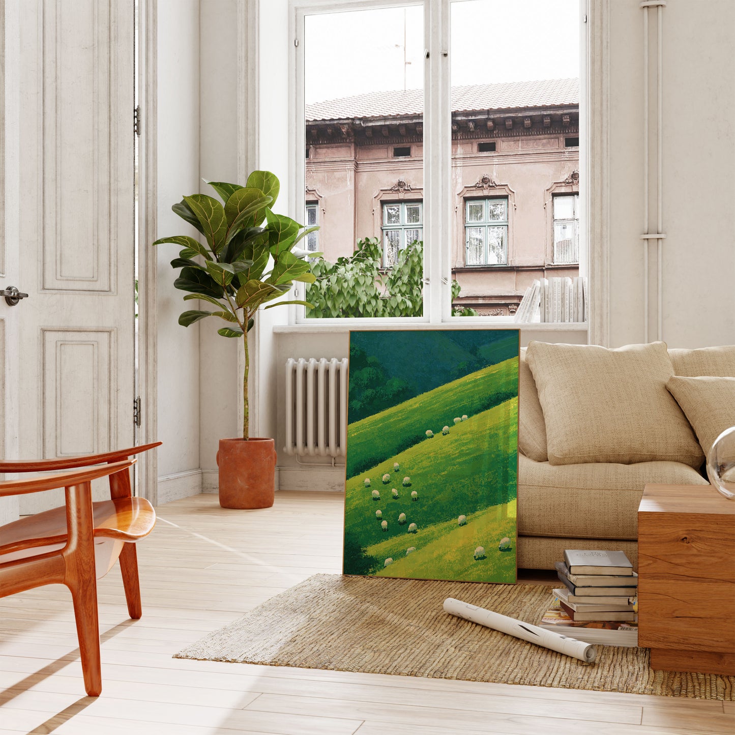 Schaf auf sanften grünen Hügeln Poster