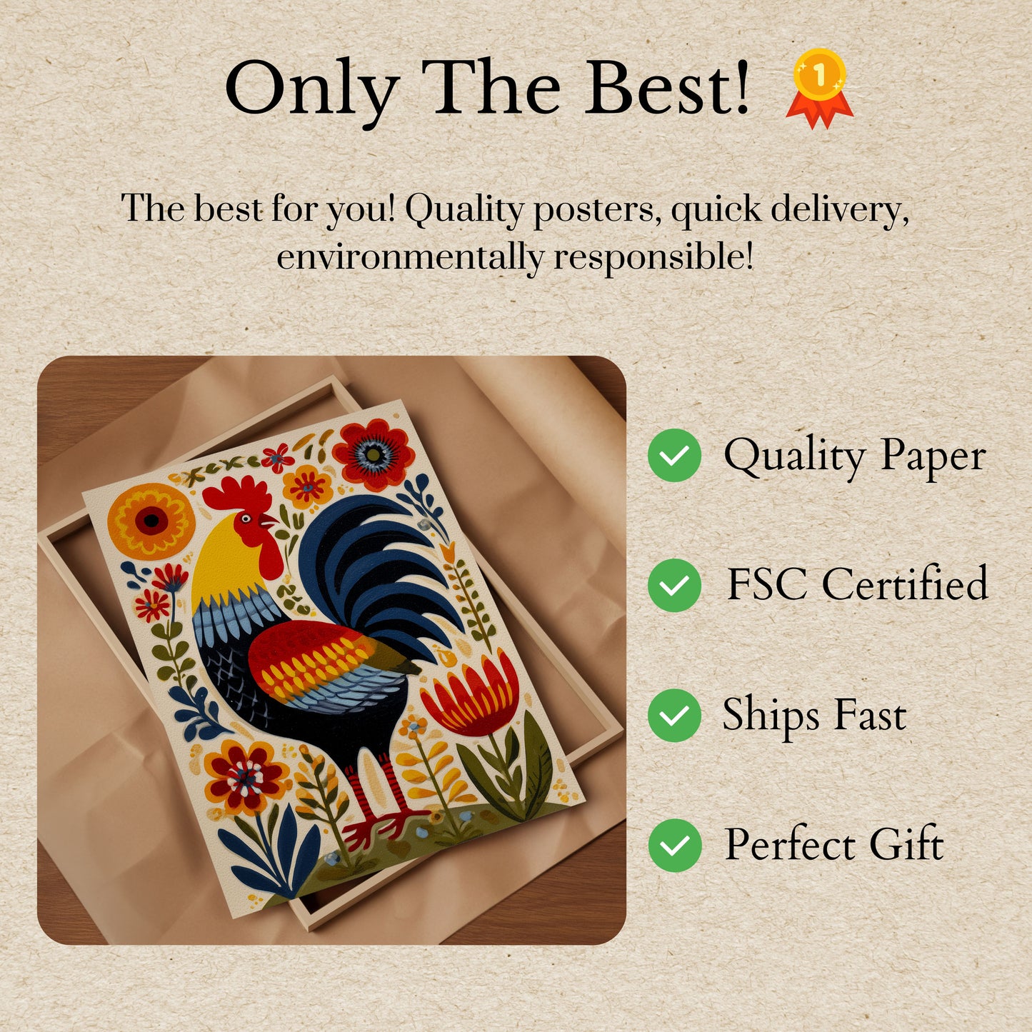 Rooster and Flowers Folk Art Poster