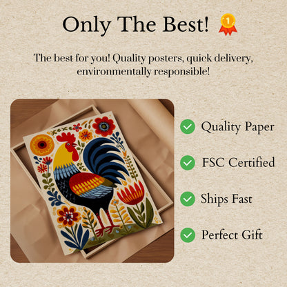 Rooster and Flowers Folk Art Poster