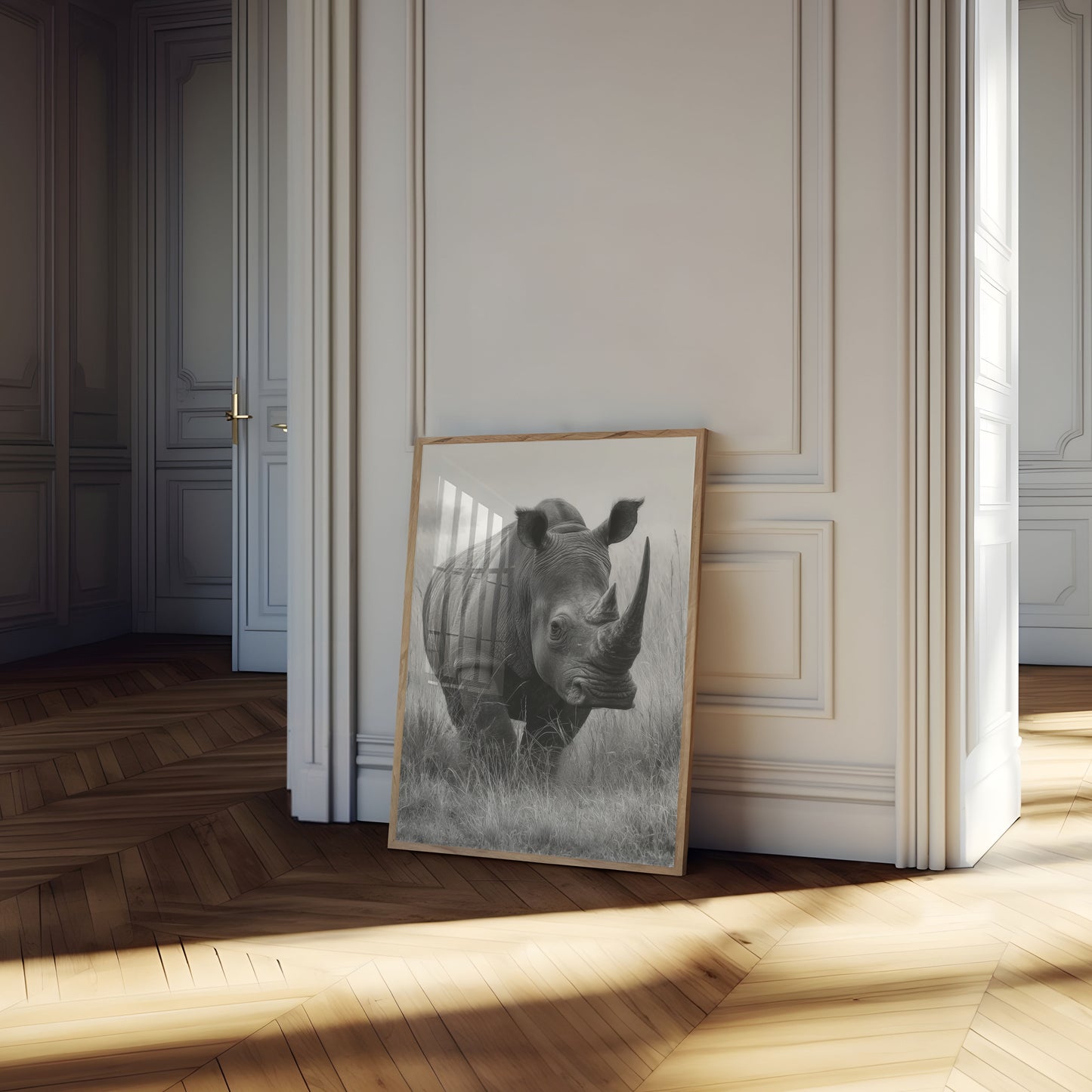 Póster de un majestuoso rinoceronte en la pradera