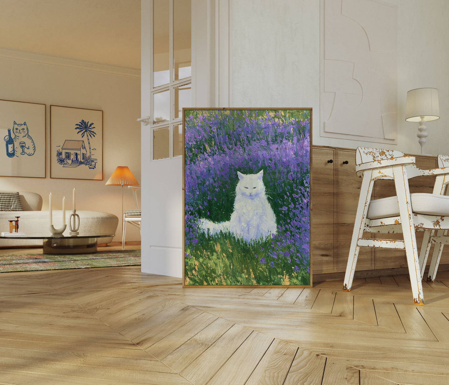 Pôster Gato Branco em Campos de Lavanda